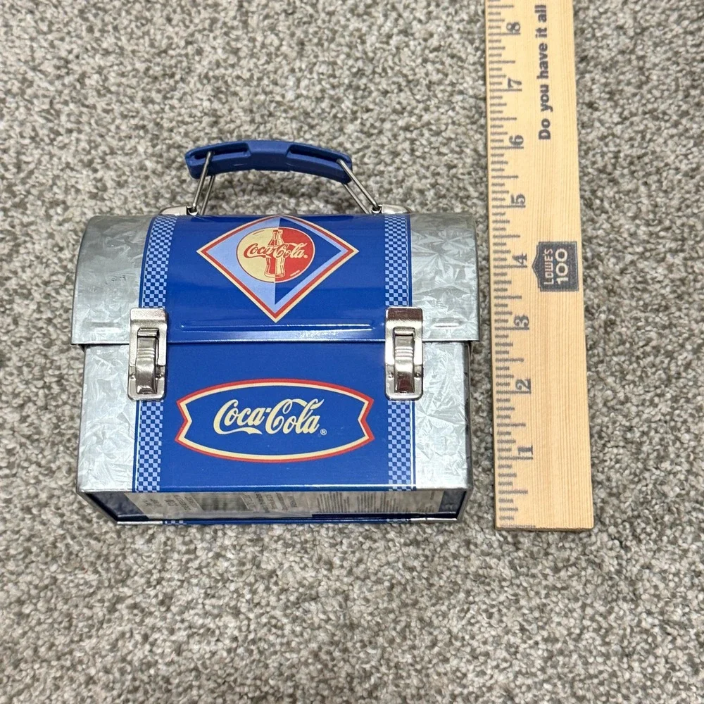 Coca-Cola Workbox Tin Lunch Box Dome Top Metal Latch Blue Silver 6x5x3.25 2002